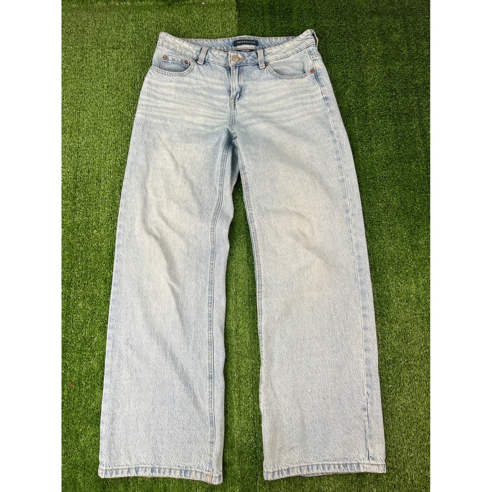 Aeropostale Aero Baggy Wide Leg Jeans Light Wash Leopard Bow Patch Womens 4 Reg